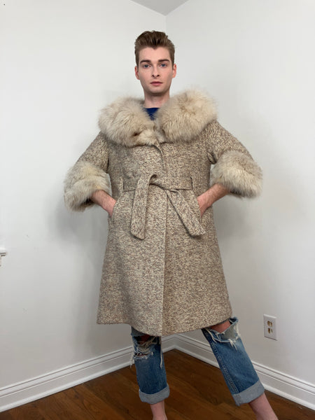 60s/70s Tweed swing coat with fox fur trim