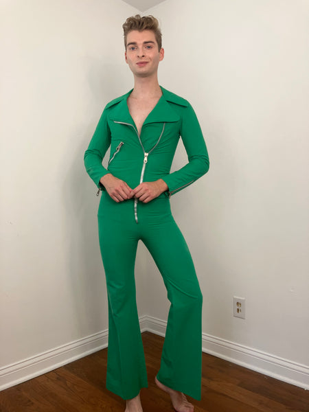 Rare 70s Kelly green Sysser Ginsborg Denmark moto jacket with bell bottoms pantsuit