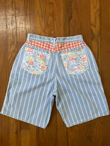 90s Striped denim shorts with patchwork prints